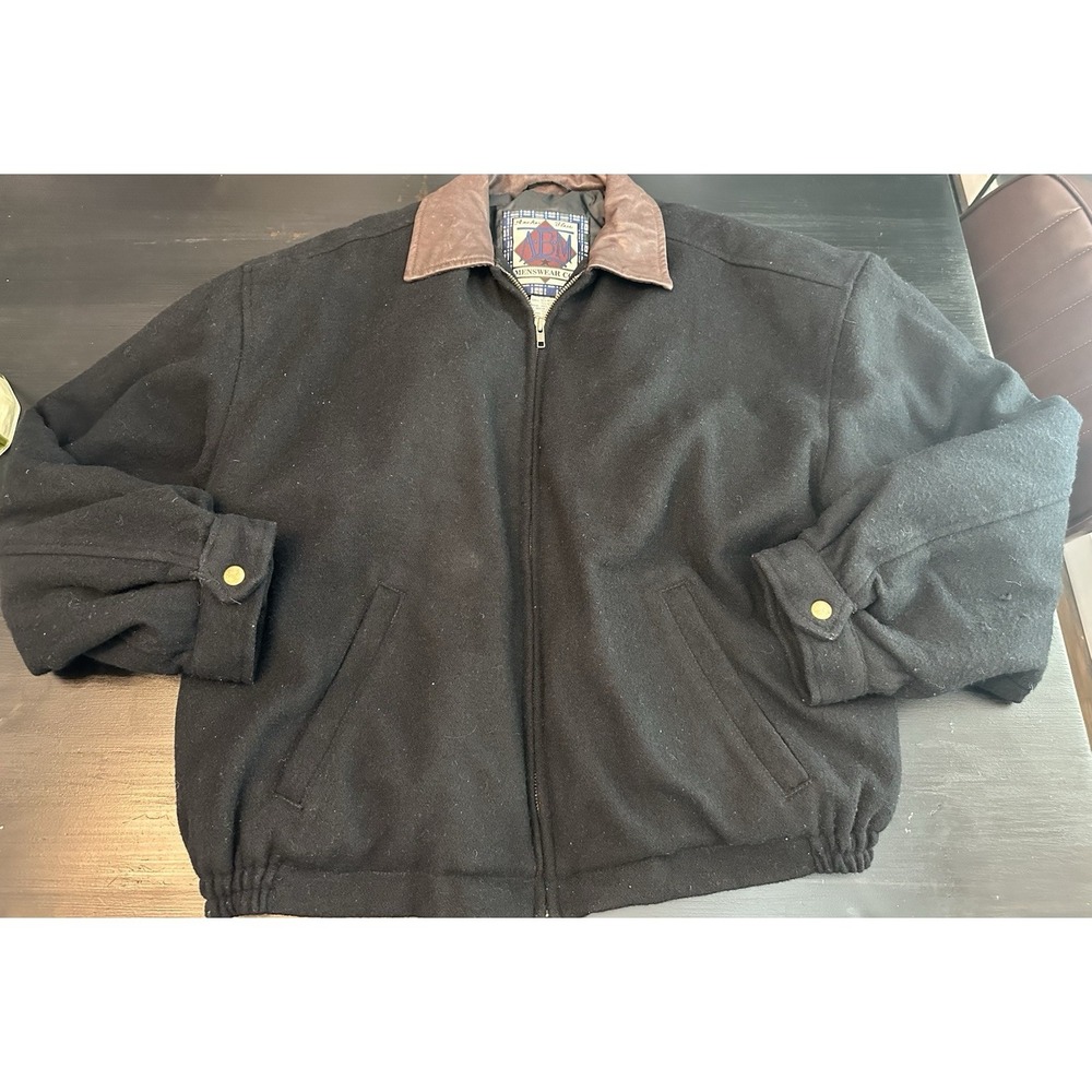 Vintage Anchor Blue Y2K Black Wool Bomber Jacket W/Leather Collar Size L